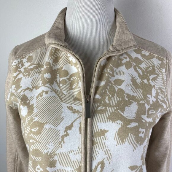 Laura Scott Women's Petite Medium Tan White Floral Full Zip Track‎ Jacket - Picture 4 of 8